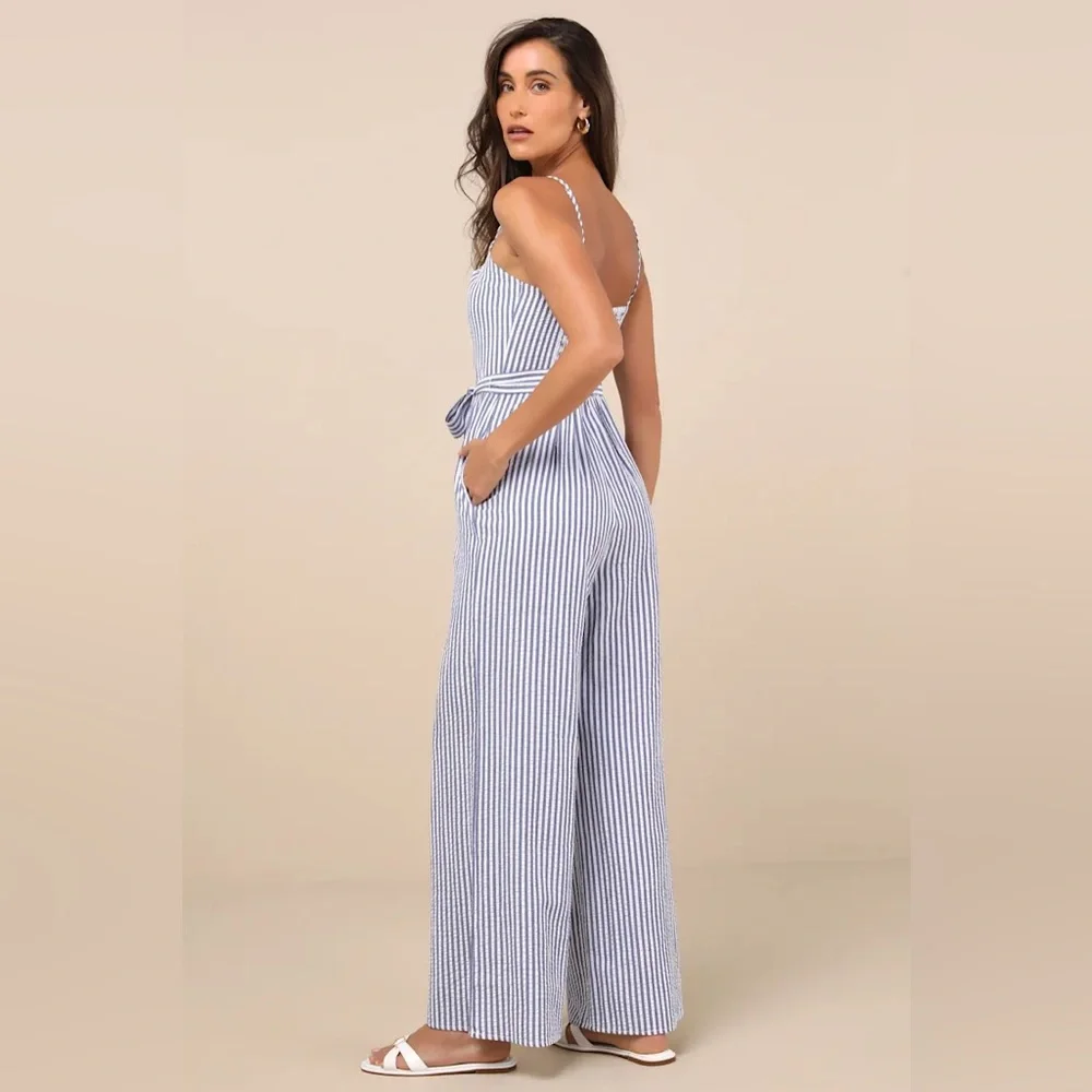 Messina Blue Striped Wide-Leg Jumpsuit by Lulus - Picture 4 of 9